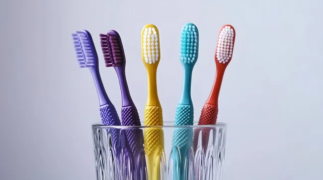 Bunte Zahnbürsten in Glasvase