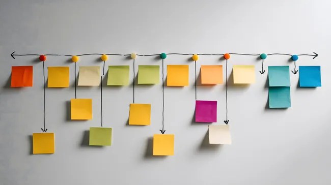 Bunte Zeitstrahl-Visualisierung mit Haftnotizen