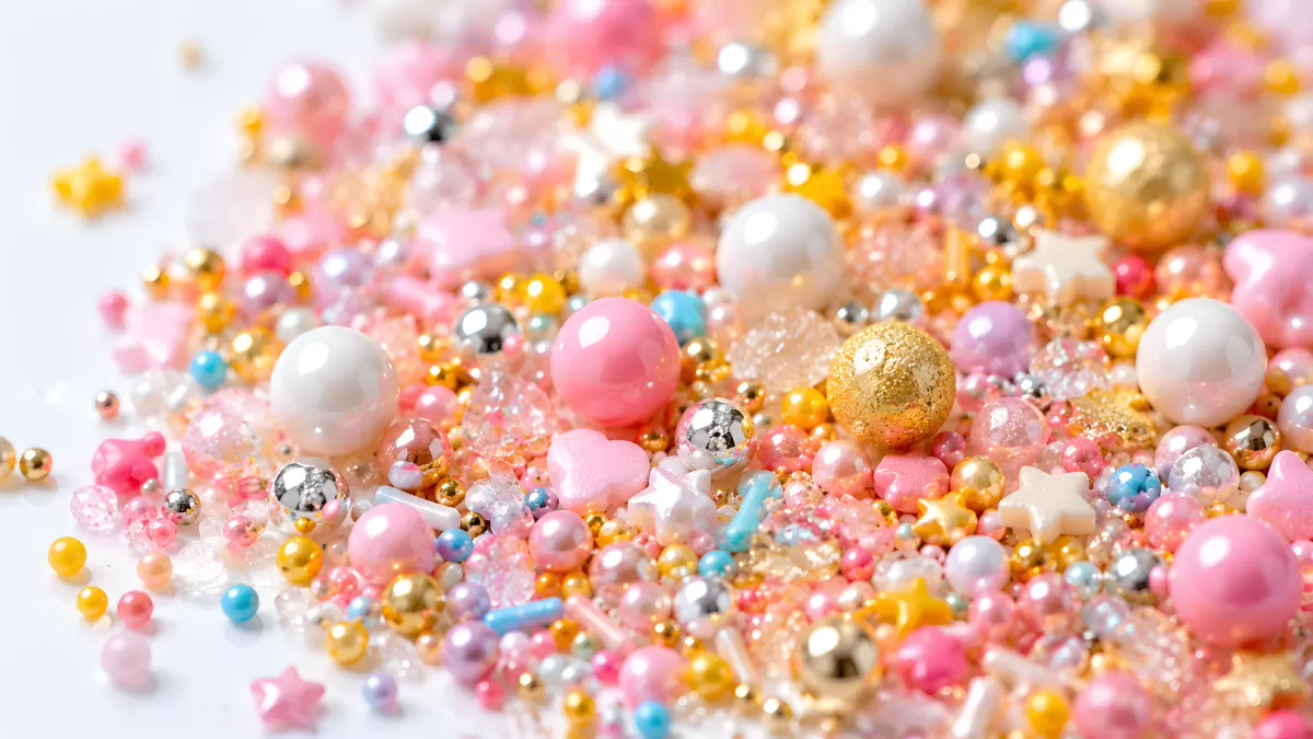 Bunte Zuckerperlen und Glitzerstreusel in Nahaufnahme