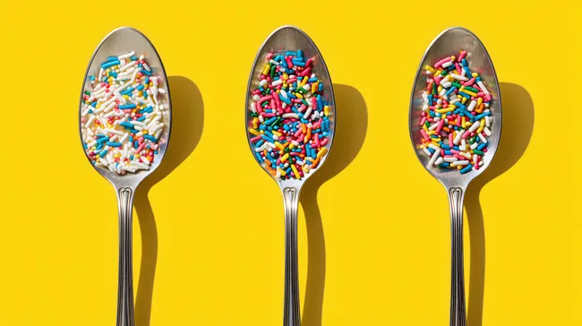 Bunte Zuckerstreusel in Löffeln auf gelbem Hintergrund