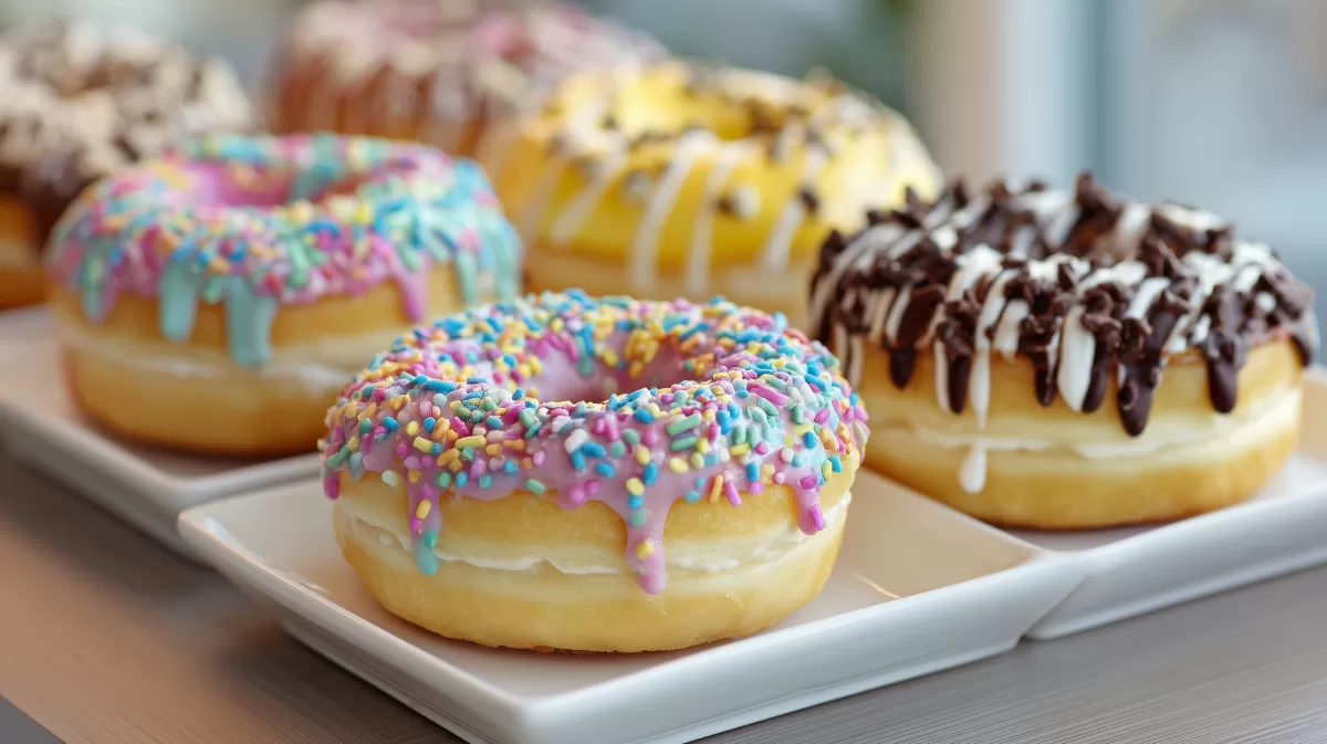 Bunte, zuckrige Donuts auf einer Servierplatte