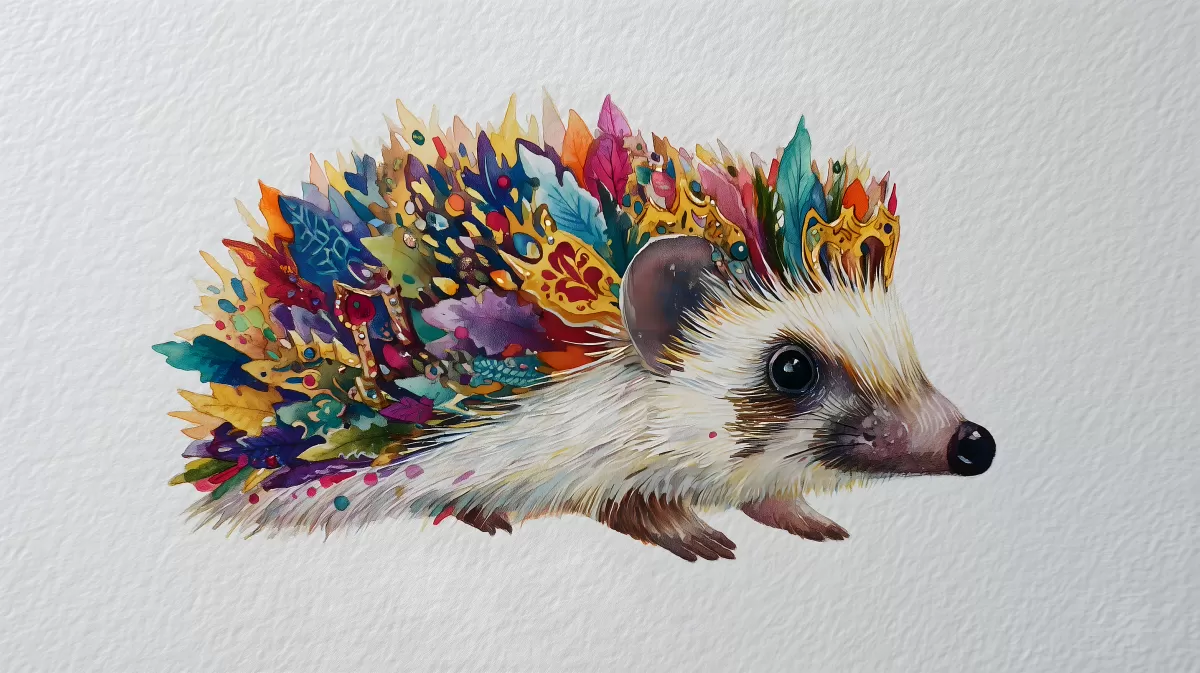 Bunter Aquarell-Igel mit Blätterkrone