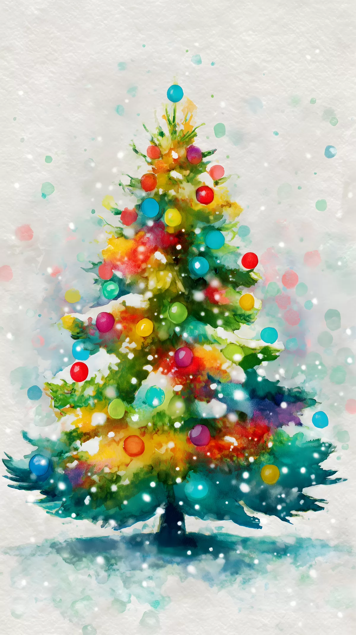 Bunter Aquarellbaum mit Christbaumkugeln im Schneefall