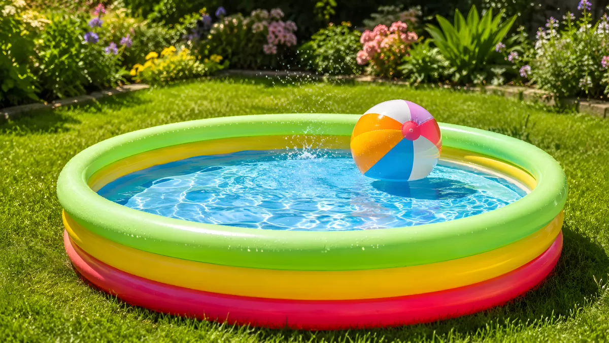 Bunter Aufblaspool mit Wasserball im Garten