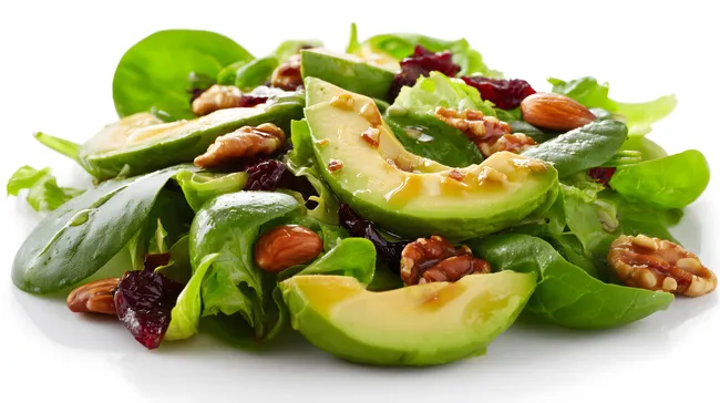 Bunter Avocado-Salat mit Nüssen und Blattsalat