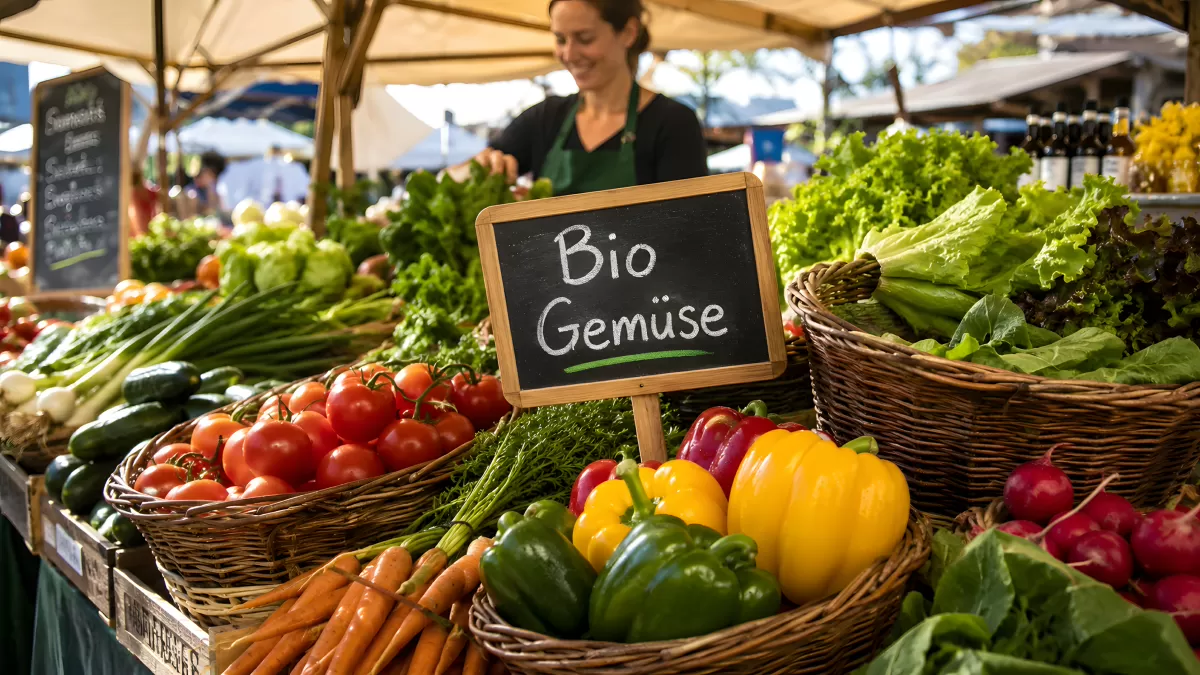 Bunter Bio-Gemüsestand auf dem Wochenmarkt