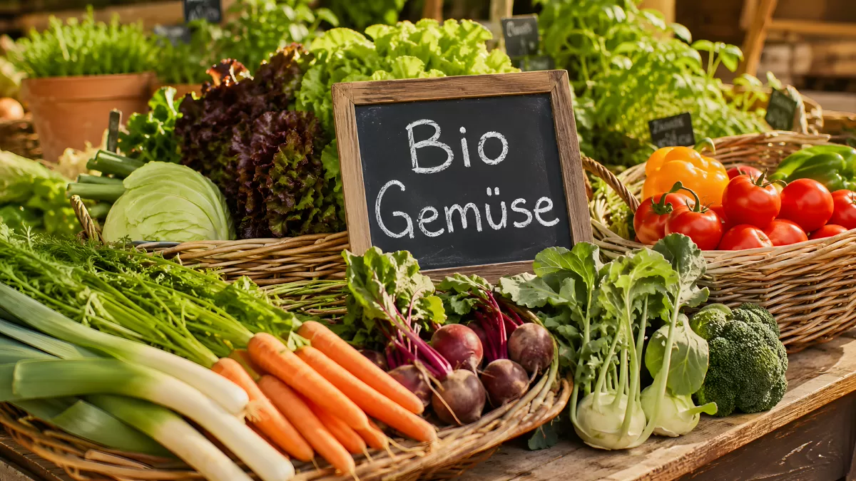 Bunter Bio-Gemüsestand mit frischem Marktgemüse
