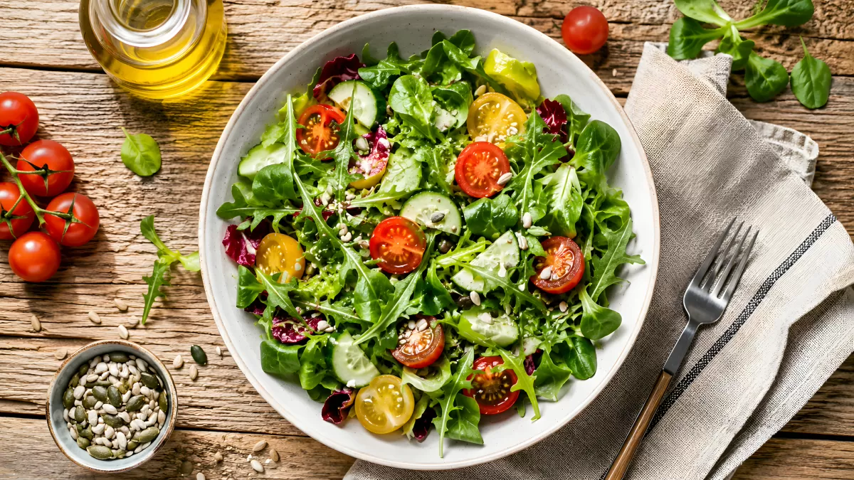 Bunter Blattsalat mit Tomaten und Gurken in Schüssel