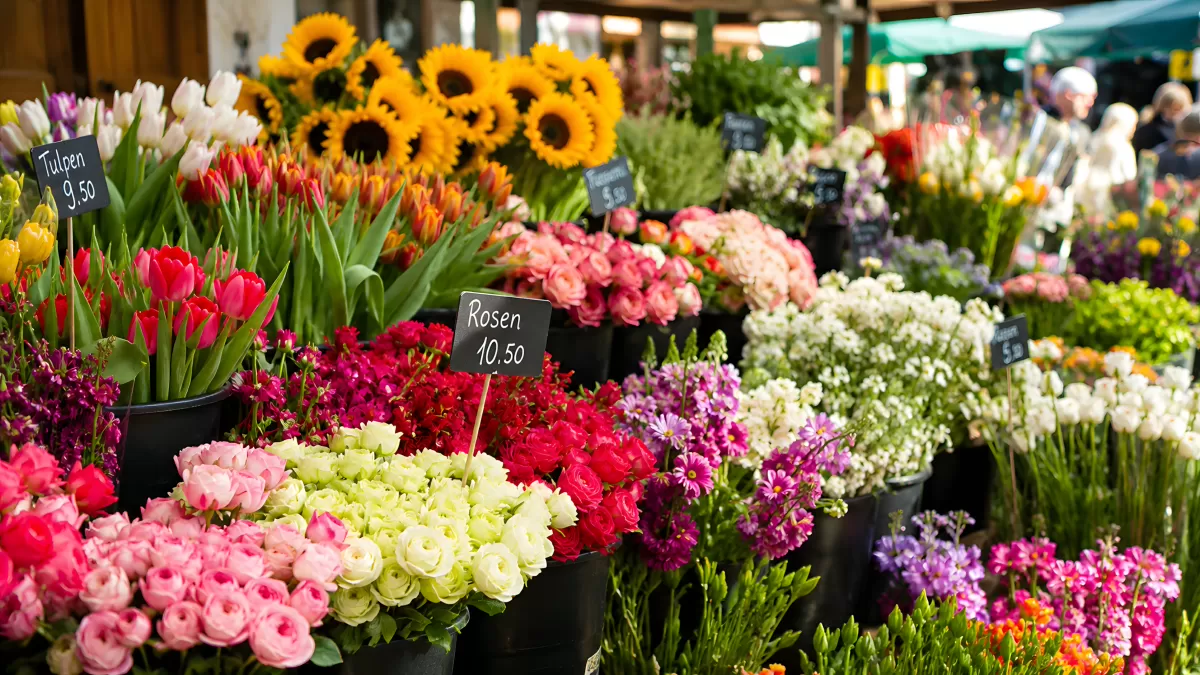 Bunter Blumenmarkt mit Rosen, Tulpen und Sonnenblumen