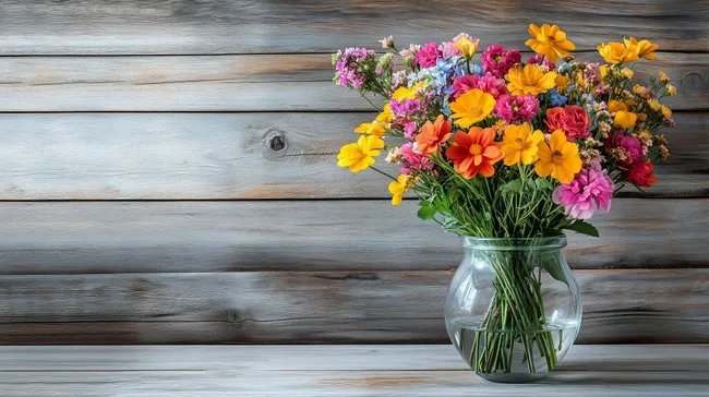 Bunter Blumenstrauß in Glasvase auf rustikalem Holztisch