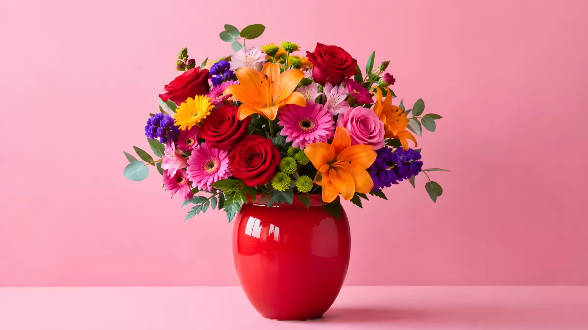 Bunter Blumenstrauß in roter Vase vor rosa Hintergrund