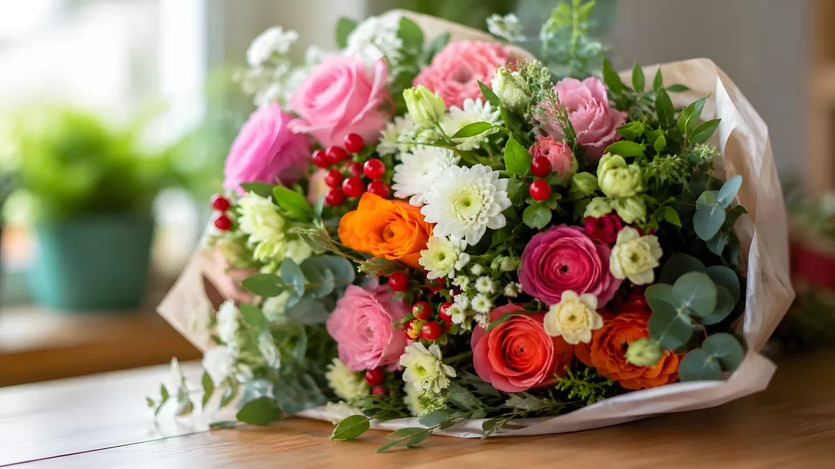 Bunter Blumenstrauß mit Rosen auf Holztisch