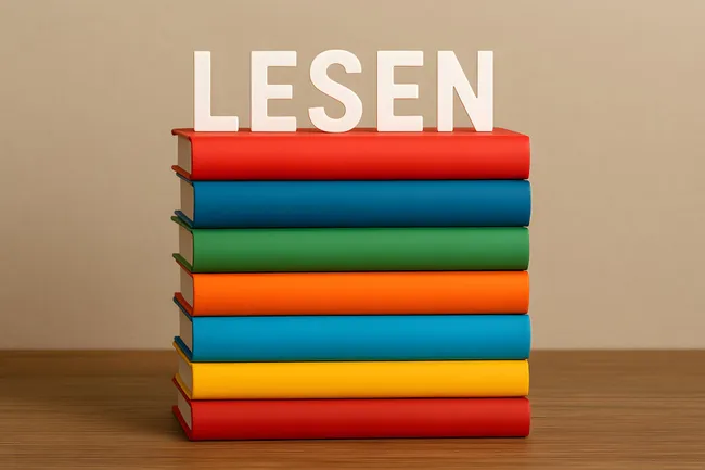 Bunter Bücherstapel mit Lesemotivation