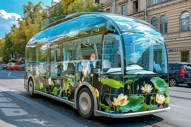 Bunter Bus mit Blumenmotiven in urbaner Stadtszene