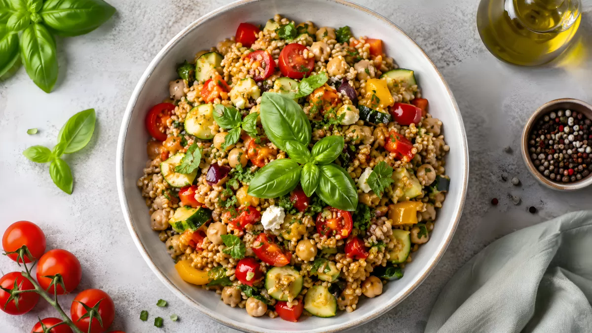 Bunter Couscous-Salat mit Kichererbsen und Gemüse
