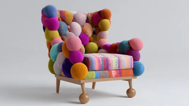 Bunter Designerstuhl mit Kugelfüßen auf weißem Hintergrund