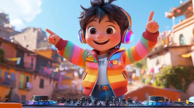 Bunter DJ-Junge in farbenfroher Stadtszene