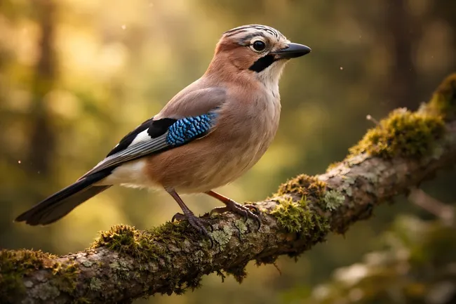 Bunter Eichelhäher auf bemoosten Baumstamm