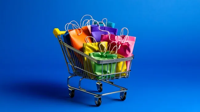 Bunter Einkaufswagen voller Geschenktüten vor blauem Hintergrund