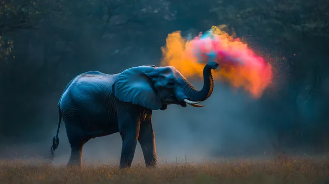 Bunter Elefant sprüht Farbpulver in Dschungellandschaft