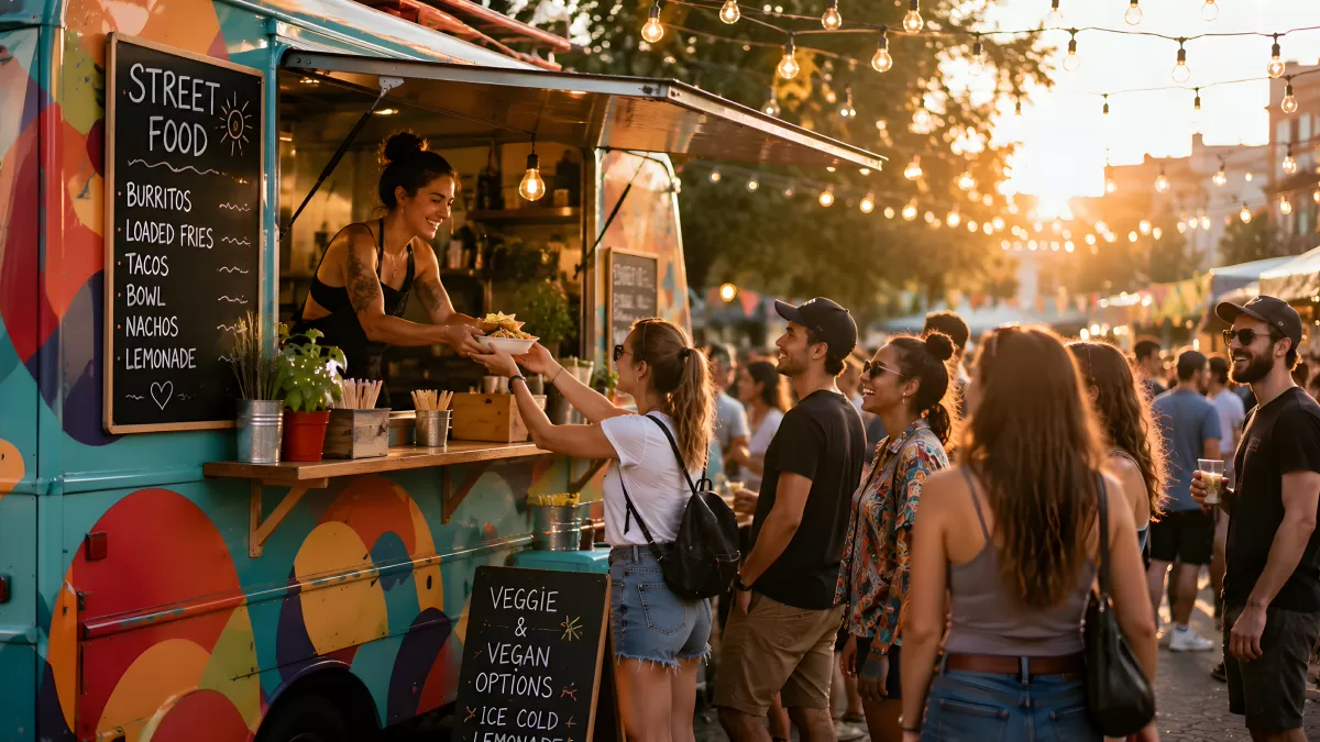 Bunter Foodtruck auf einem Straßenfest im Abendlicht