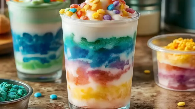 Bunter Frappuccino-Cocktail mit Regenbogen-Topping