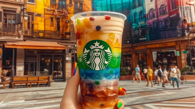 Bunter Frappuccino-Drink mit tropischen Früchten