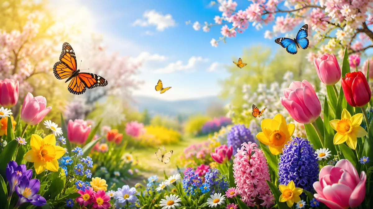 Bunter Frühlingsgarten mit Tulpen und Schmetterlingen
