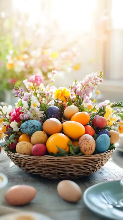 Bunter Frühlingskorb mit bunten Ostereiern und Blumen