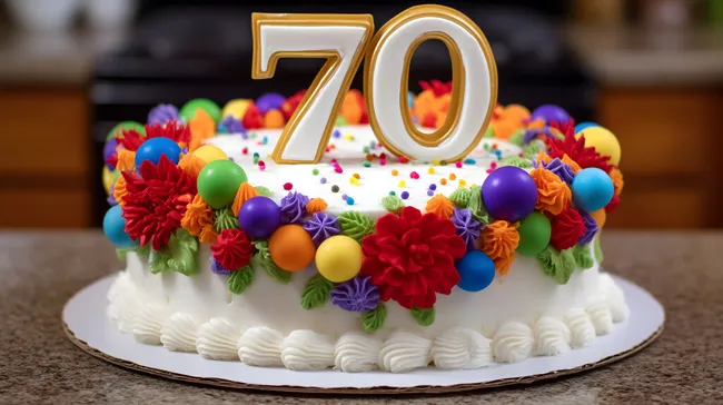 Bunter Geburtstagskuchen mit Blütendekor zum 70. Geburtstag