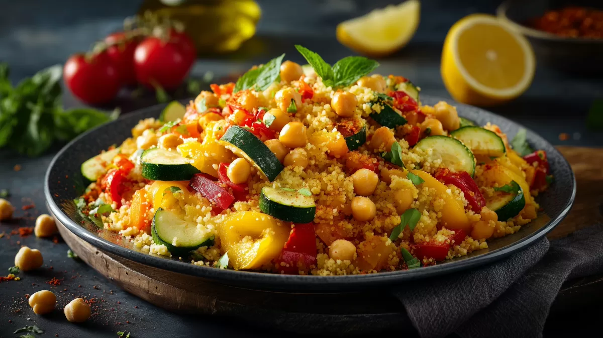 Bunter Gemüse Couscous mit Kichererbsen und Zucchini