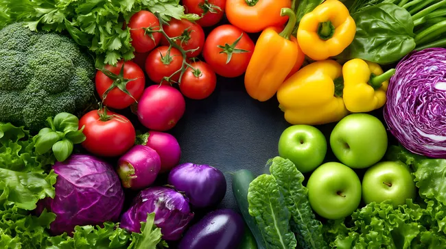 Bunter Gemüse- und Obststapel auf schwarzem Hintergrund