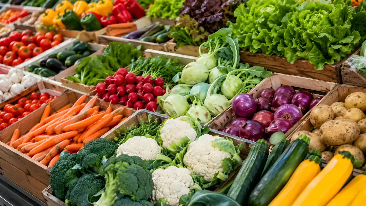 Bunter Gemüsemarkt mit frischem Saisongemüse