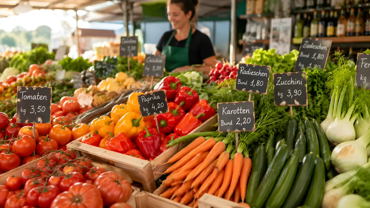 Bunter Gemüsestand auf einem deutschen Wochenmarkt