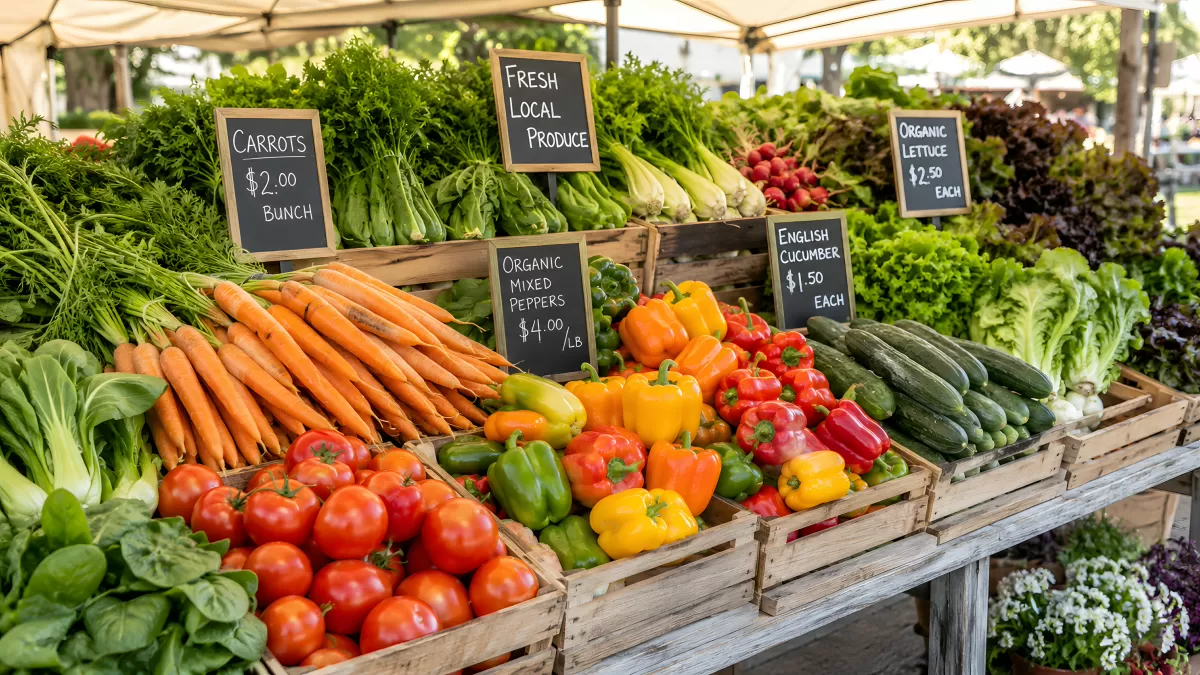 Bunter Gemüsestand auf einem Wochenmarkt