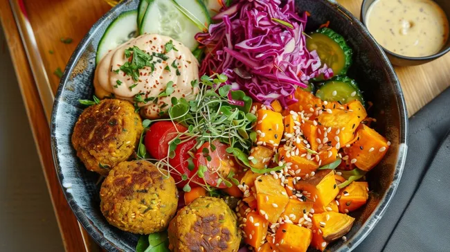 Bunter Gemüseteller mit Süßkartoffeln und Falafel