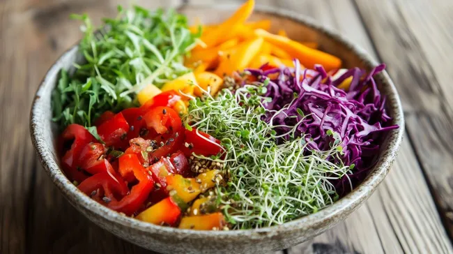 Bunter, gesunder Salatteller mit Sprossen und Gemüse