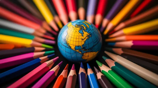 Bunter Globus umgeben von farbigen Stiften