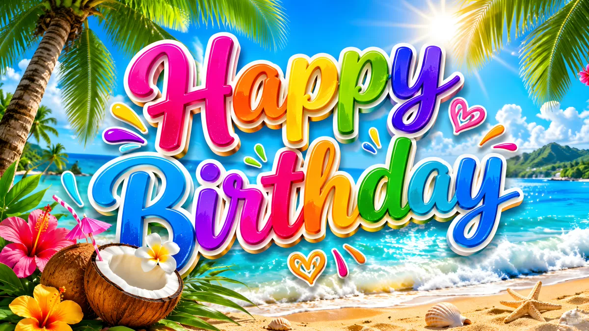 Bunter Happy Birthday Schriftzug am Tropenstrand