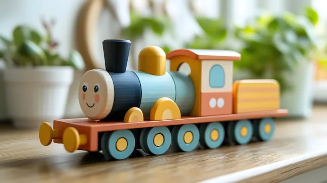 Bunter Holzspielzeugzug auf heller Arbeitsplatte