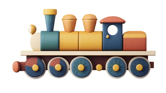 Bunter Holzspielzeugzug auf Holzplanke