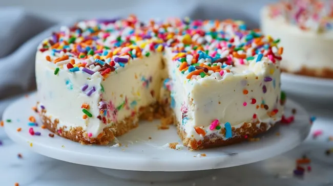 Bunter Käsekuchen mit Streuseln auf Kuchenteller