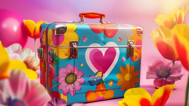Bunter Koffer mit Herz-Blumen-Motiv für farbenfrohe Reisen