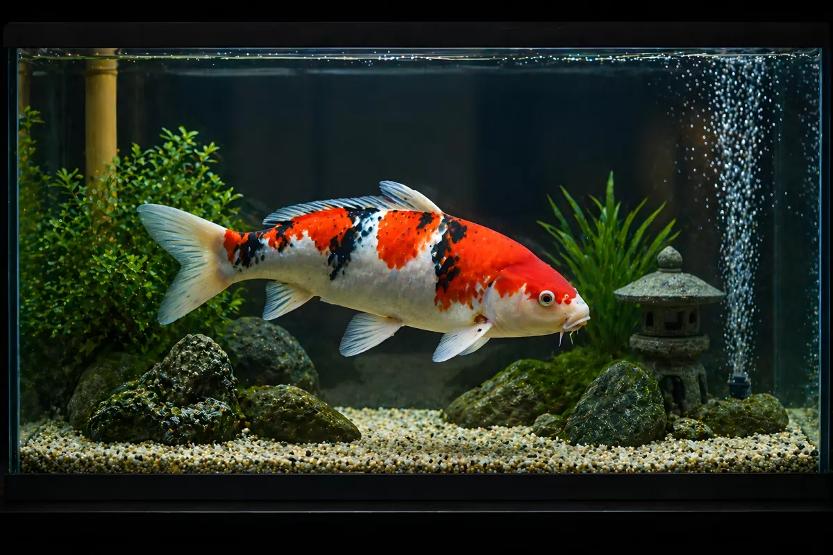 Bunter Koi im Aquarium mit japanischer Dekoration