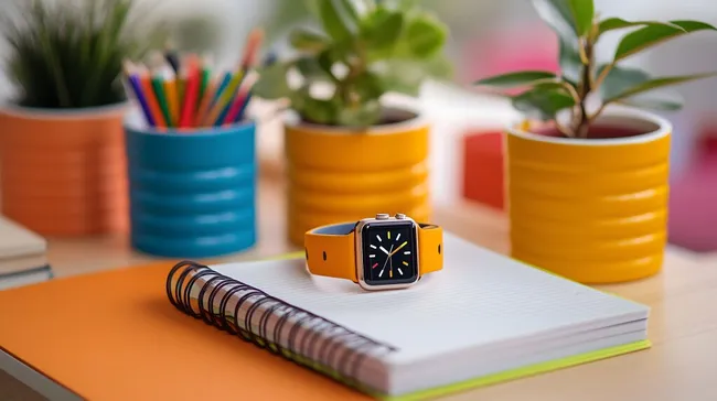Bunter, kreativer Arbeitsplatz mit Smartwatch
