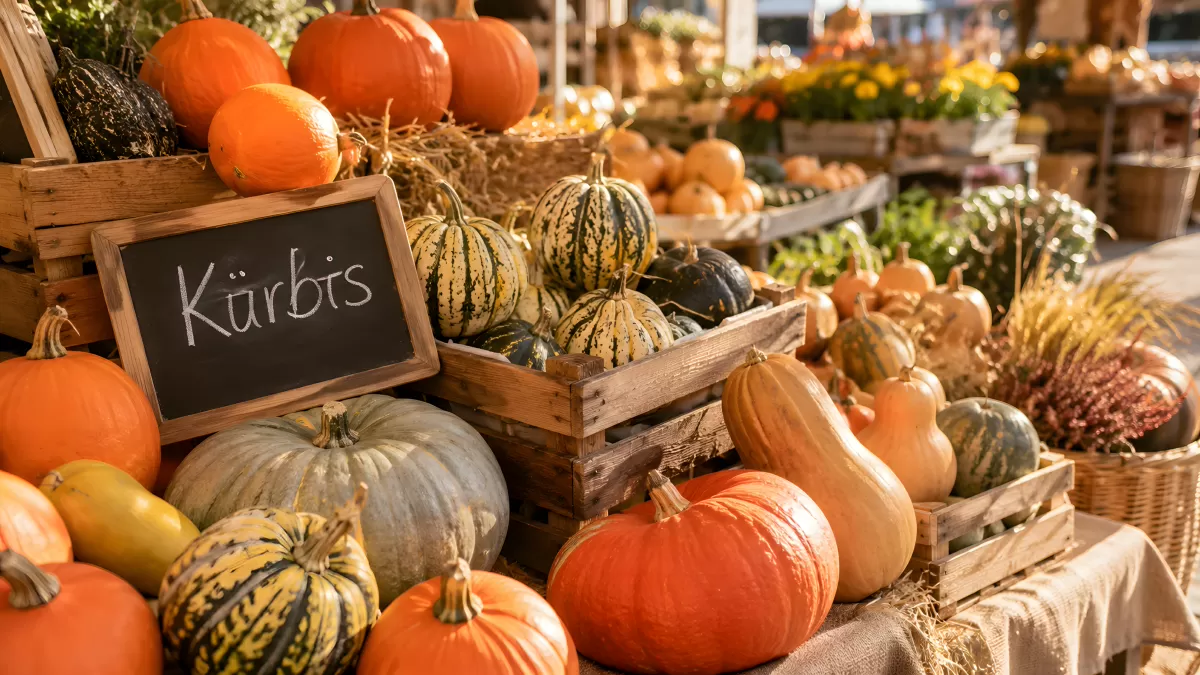 Bunter Kürbisstand auf einem Herbstmarkt