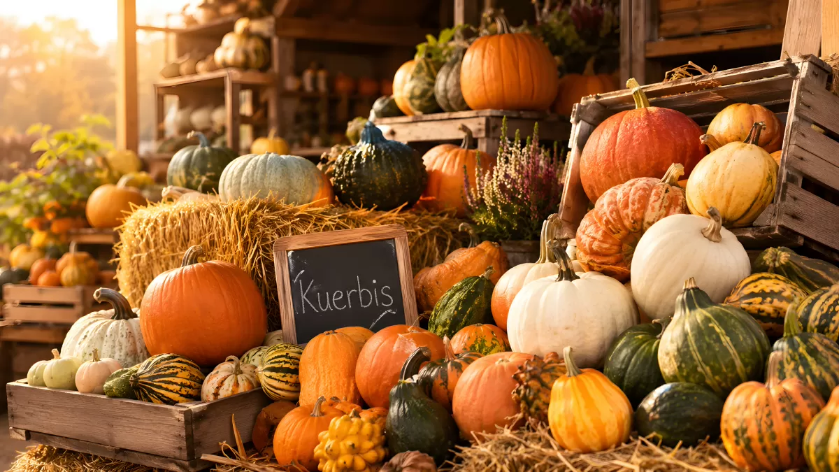 Bunter Kürbisstand mit Strohballen im Herbst