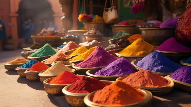 Bunter Marktstand mit dekorativen Farbpulvern