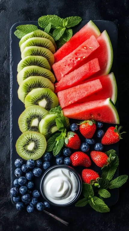 Bunter Obst-Smoothie-Teller mit Kiwi und Wassermelone