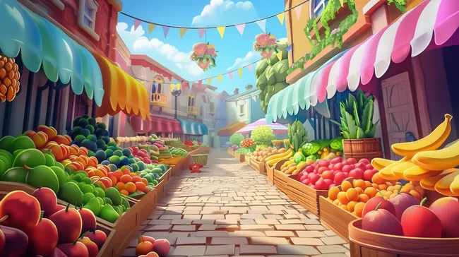 Bunter Obstmarkt in farbenfroher Altstadt